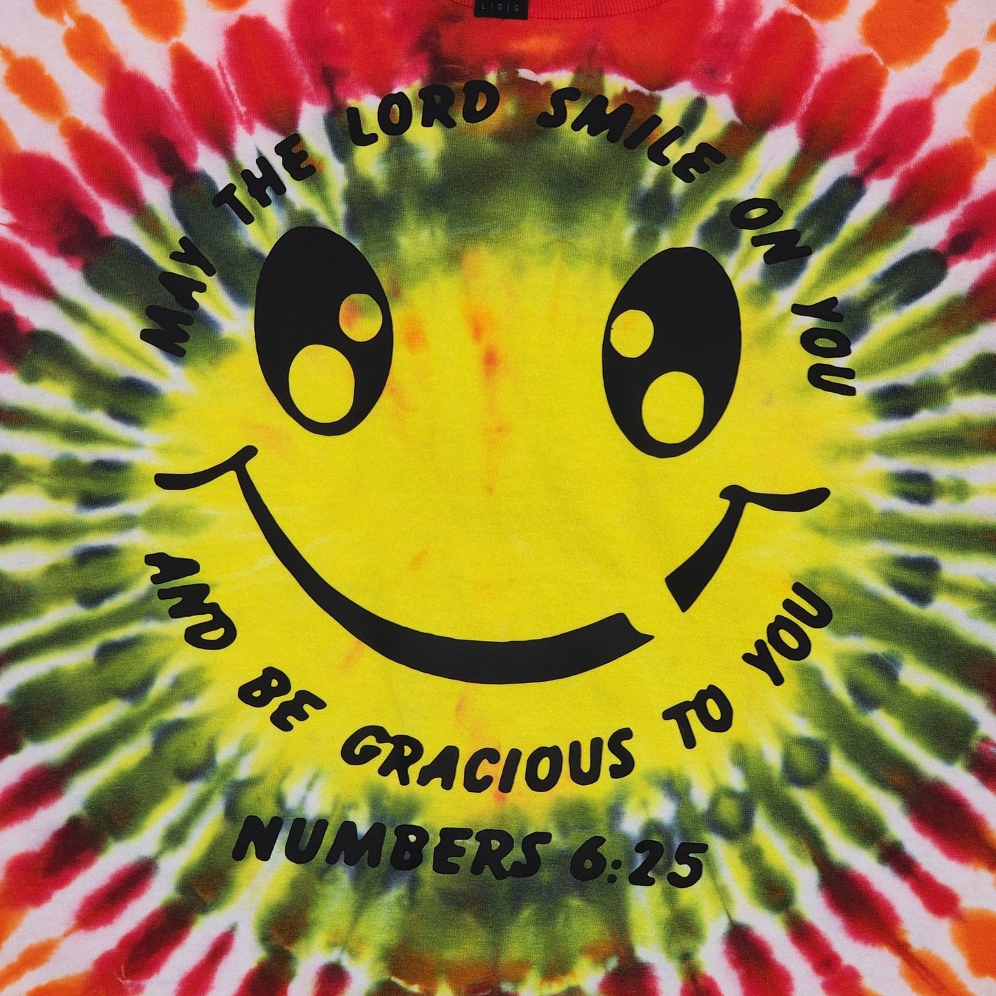 Tie-dye smiley face w/Bible verse